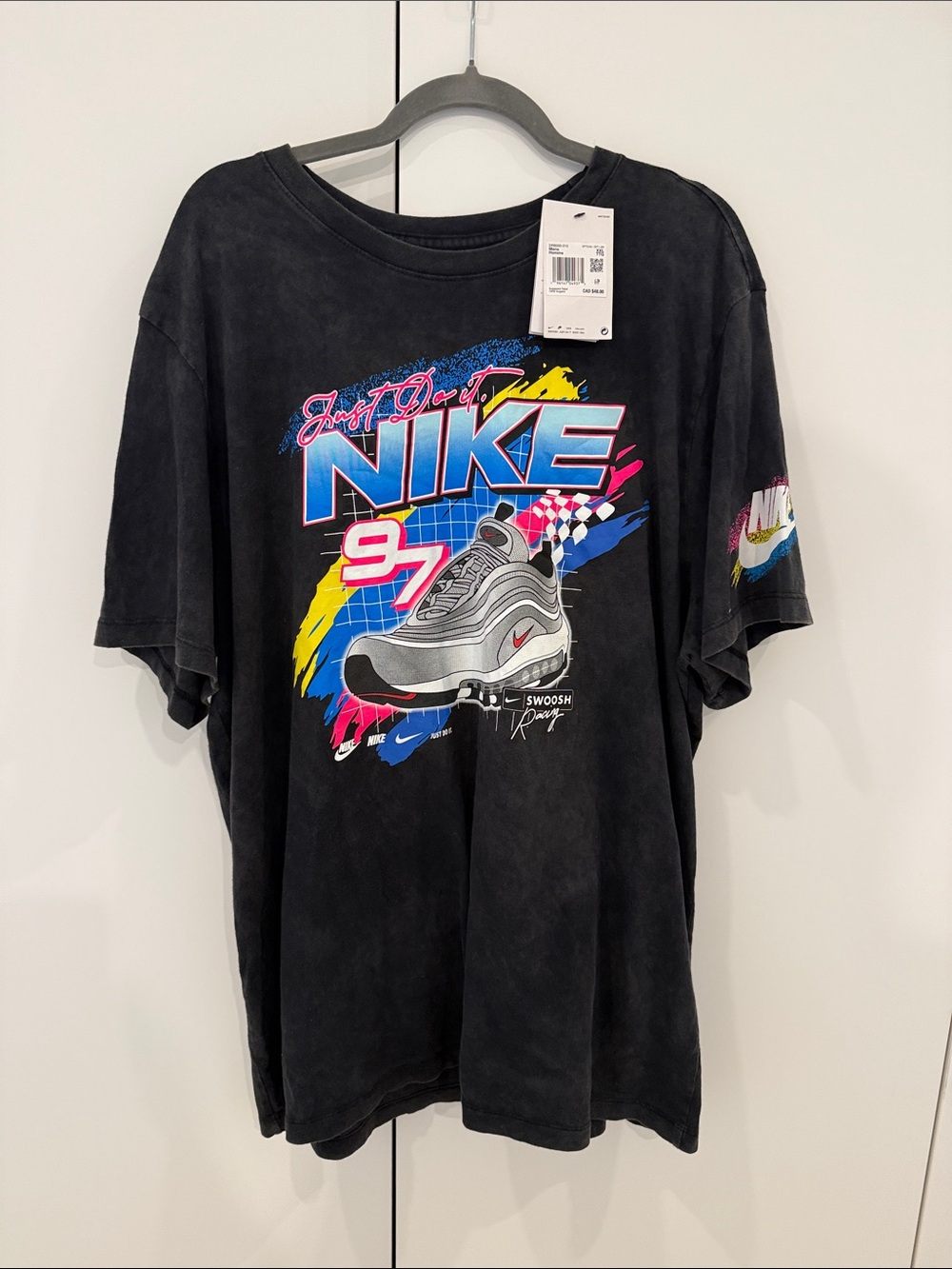 Nike Mens Black Tee with Neon Blue, Pink & Yellow Shoe Graphic